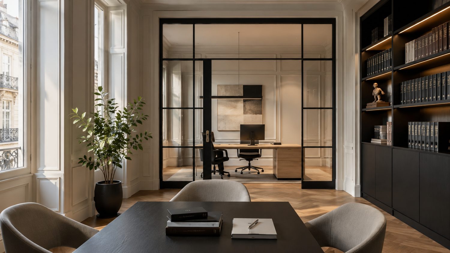 Interieur van een modern Europees notariskantoor met vergadertafel en glazen kantoor