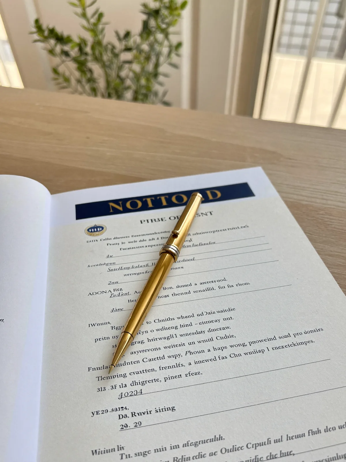 Notariële akte met gouden vulpen naast een laptop